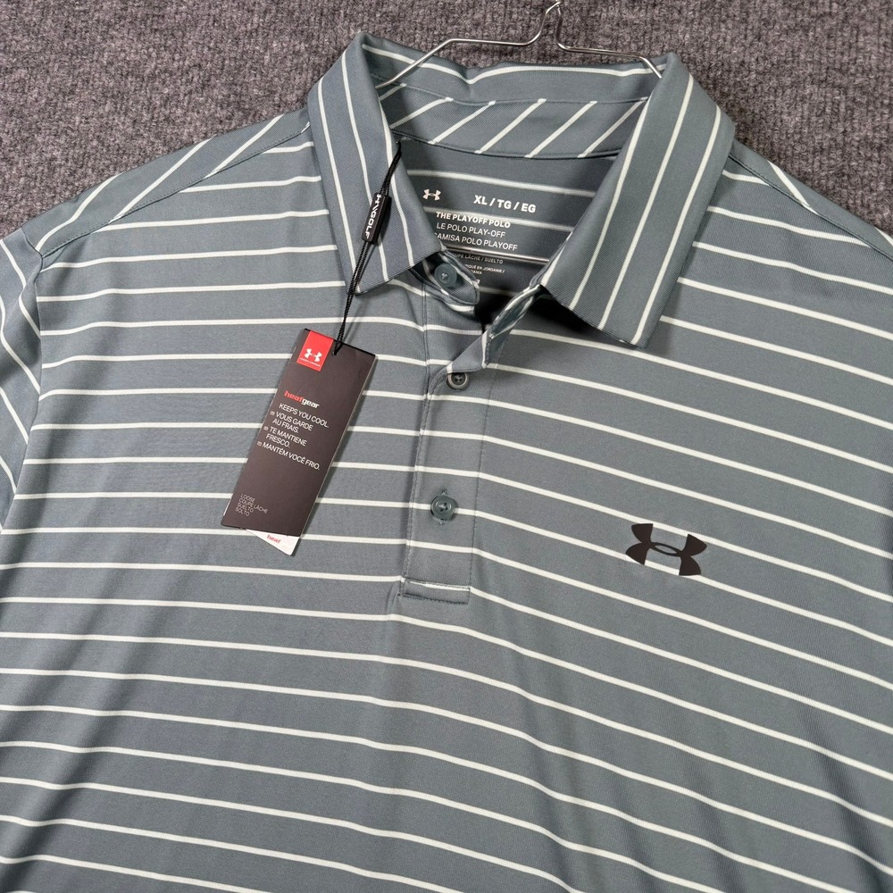 Under Armour Playoff Polo Mens XL Gray Striped HeatGear Short Sleeve Golf Shirt
